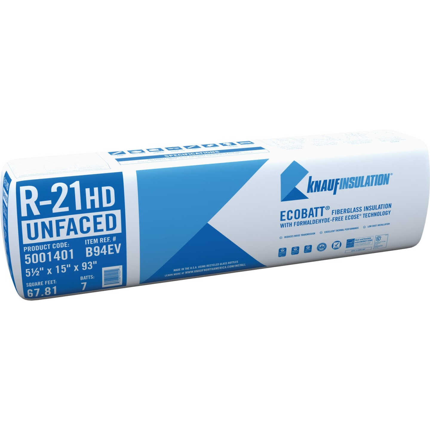 Knauf ECOBATT R-21 15 In. x 93 In. High Density Unfaced Fiberglass Insulation Image 1