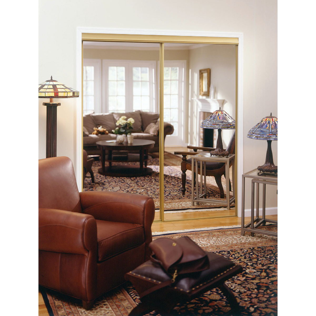 Erias 4050 Series 71 In. W. x 80-1/2 In. H. Mayan Gold Top Hung Mirrored Bypass Door