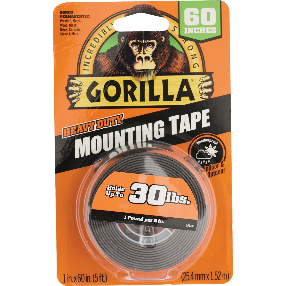 Gorilla 1 In. x 60 In. Black Heavy Duty Double-Sided Mounting Tape (30 Lb. Capacity)
