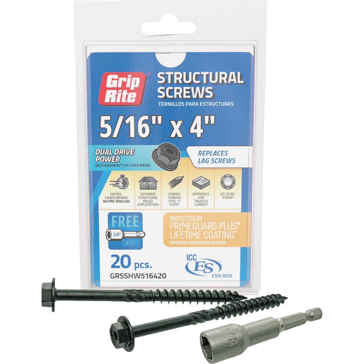 Grip-Rite PrimeGuard Plus 5/16 In. x 4 In. Hex Washer Head Structural Screw (20-Count) Image 1