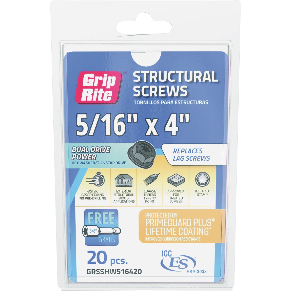 Grip-Rite PrimeGuard Plus 5/16 In. x 4 In. Hex Washer Head Structural Screw (20-Count) Image 3