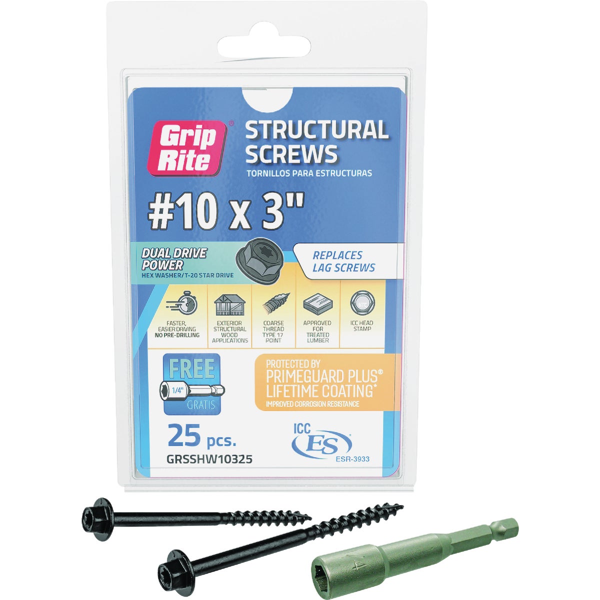 Grip-Rite PrimeGuard Plus #10 x 3 In. Hex Washer Head Structural Screw (25-Count)