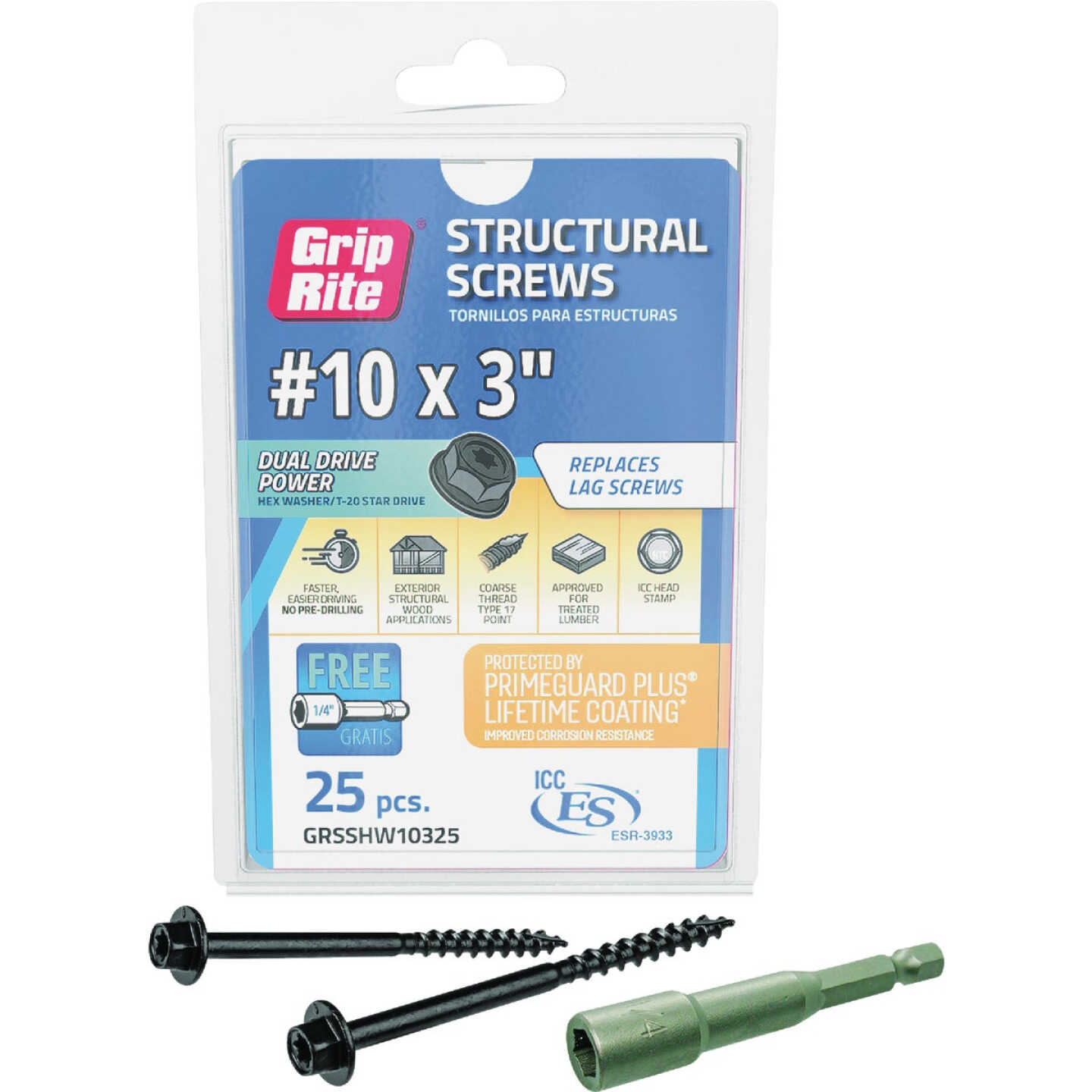 Grip-Rite PrimeGuard Plus #10 x 3 In. Hex Washer Head Structural Screw (25-Count) Image 1