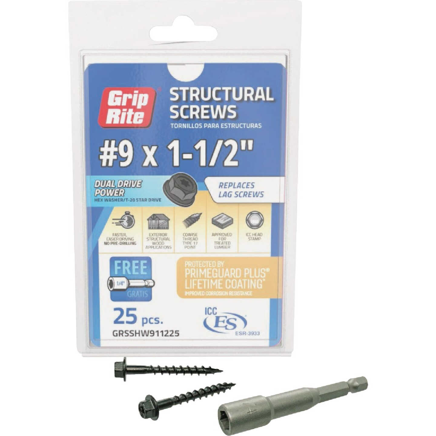 Grip-Rite PrimeGuard Plus #9 x 1.5 In. Hex Washer Head Structural Screw (25-Count) Image 1