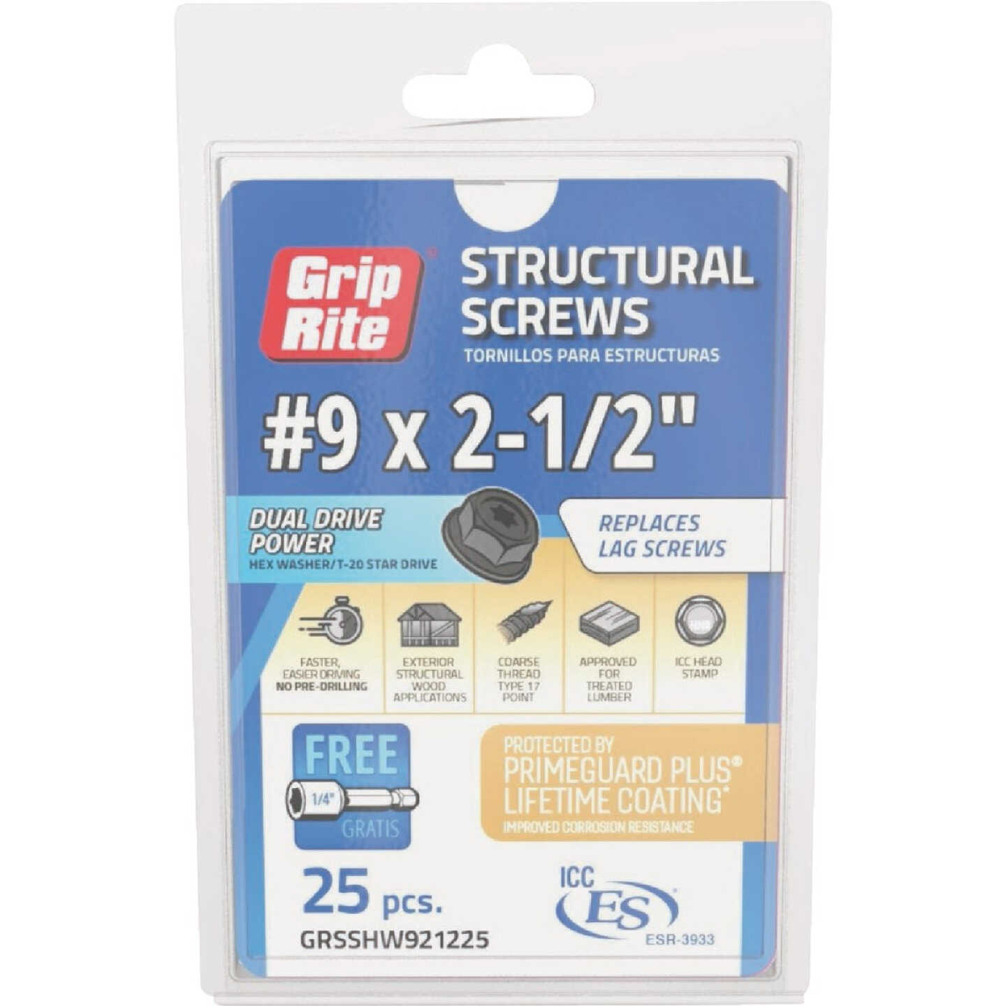 Grip-Rite PrimeGuard Plus #9 x 2.5 In. Hex Washer Head Structural Screw (25-Count) Image 2