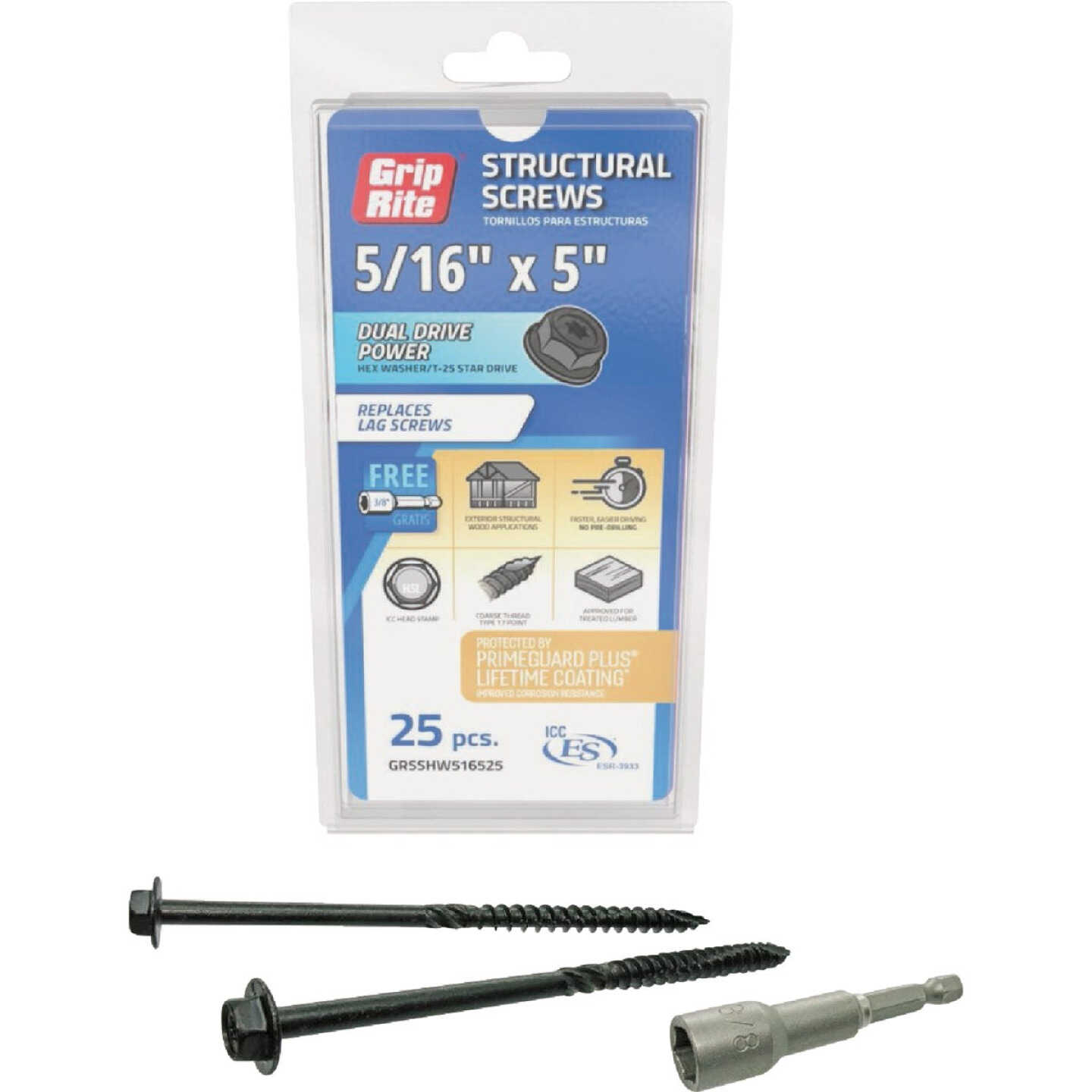 Grip-Rite PrimeGuard Plus 5/16 In. x 5 In. Hex Washer Head Structural Screw (25-Count) Image 1