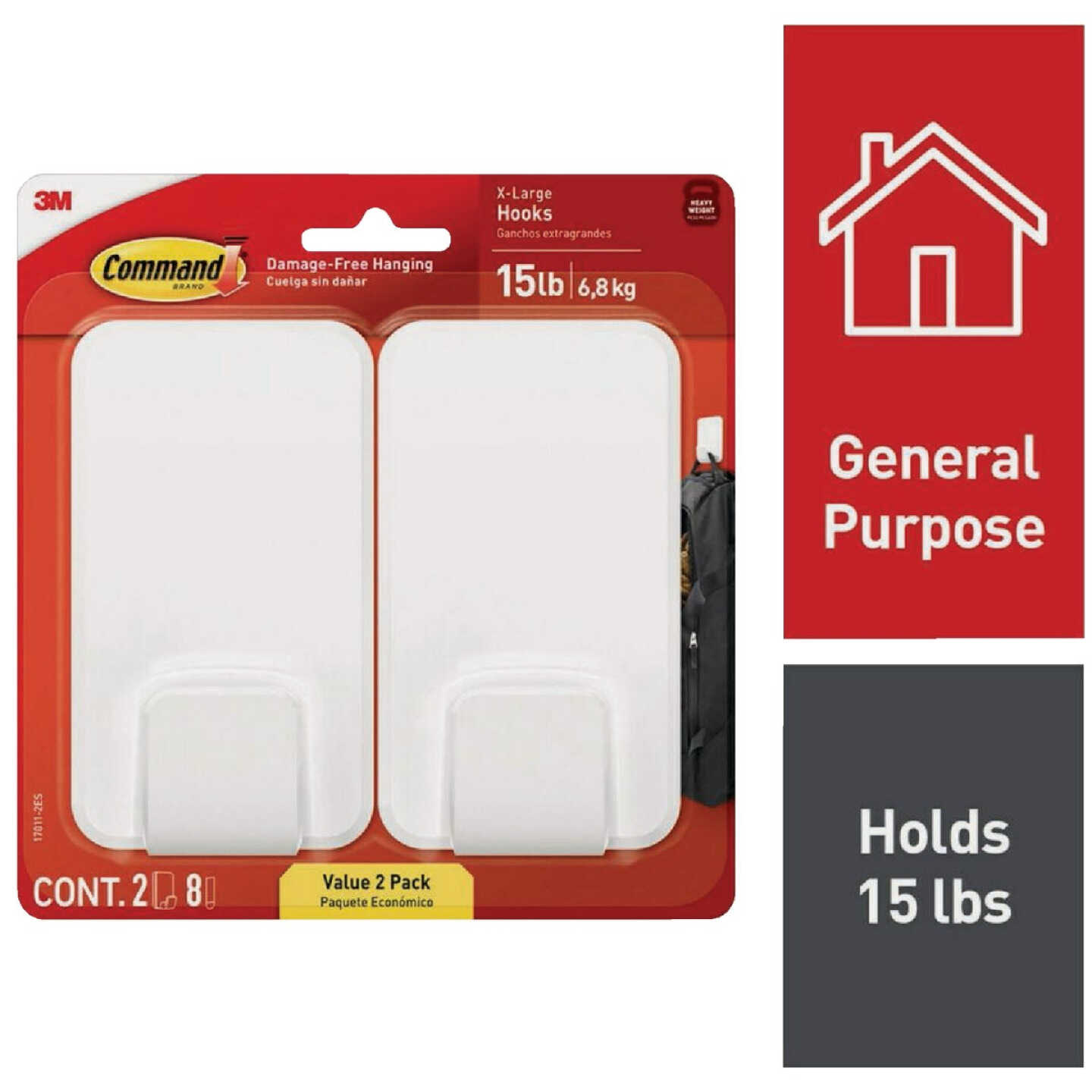Command Extra Large 15 Lb. Adhesive Hook, White, 2 Hooks, 8 Strips Image 1