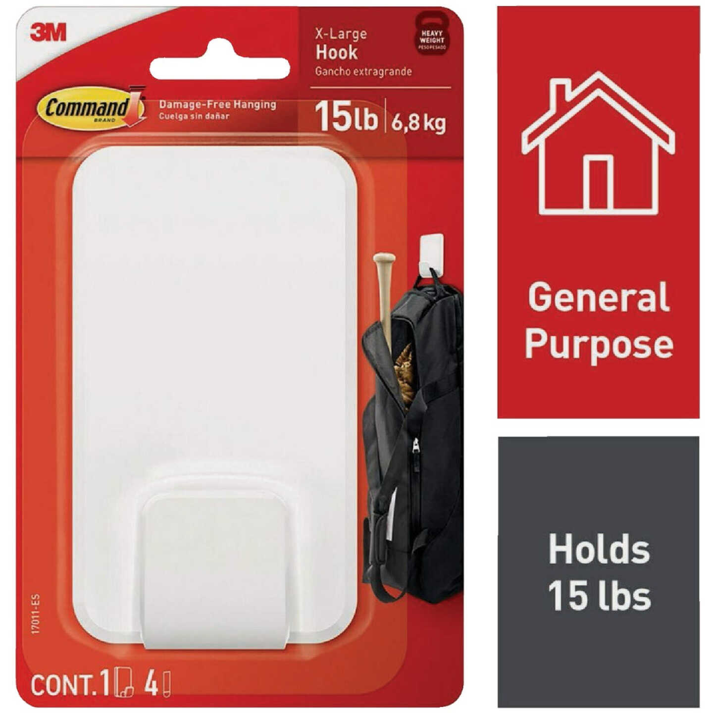 Command Extra Large 15 Lb. Adhesive Hook, White, 1 Hook, 4 Strips Image 1