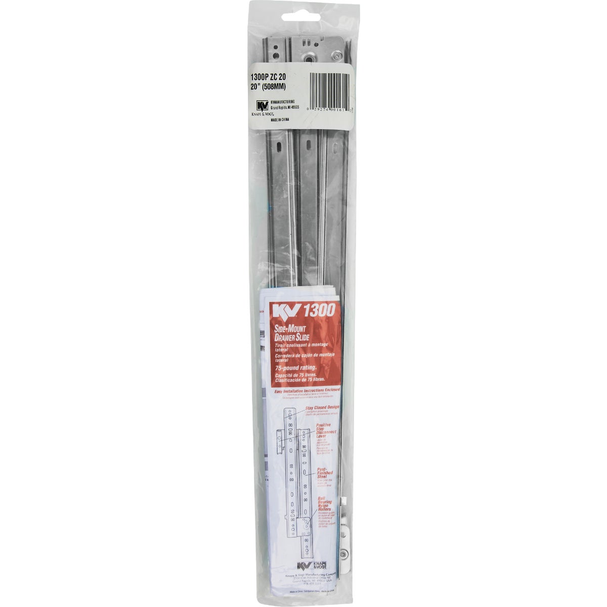 Knape & Vogt 20" 75lb Medium Duty 3/4 Extension Drawer Slide (1-Pair) Image 2
