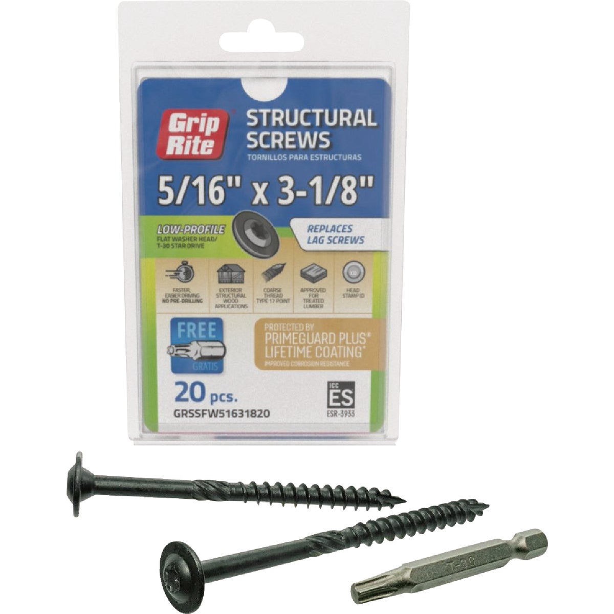 Grip-Rite PrimeGuard Plus 5/16 In. x 3-1/8 In. Flat Washer Head Structure Screw (20-Count) Image 1