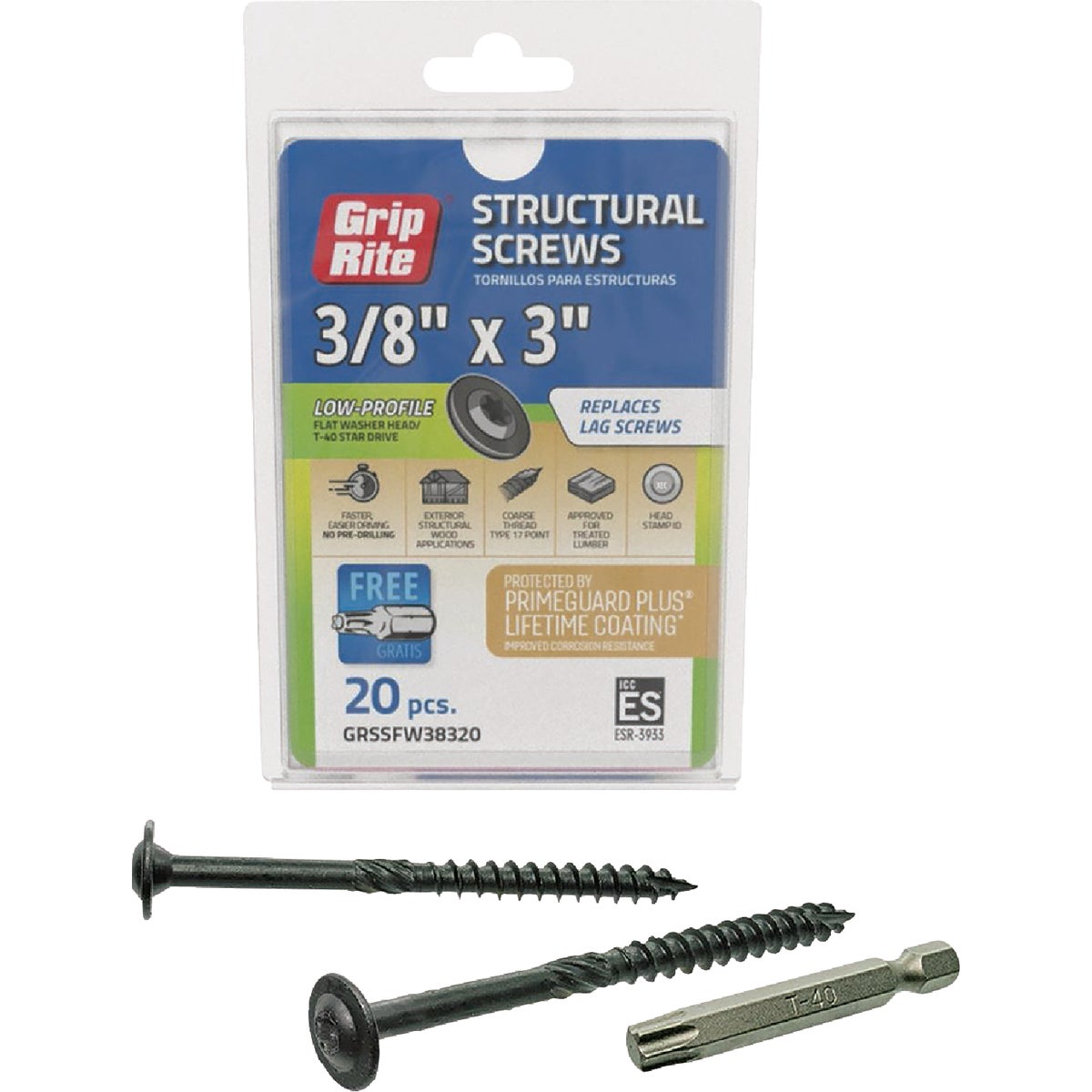 Grip-Rite PrimeGuard Plus 3/8 In. x 3 In. Flat Washer Head Structure Screw (20-Count) Image 1