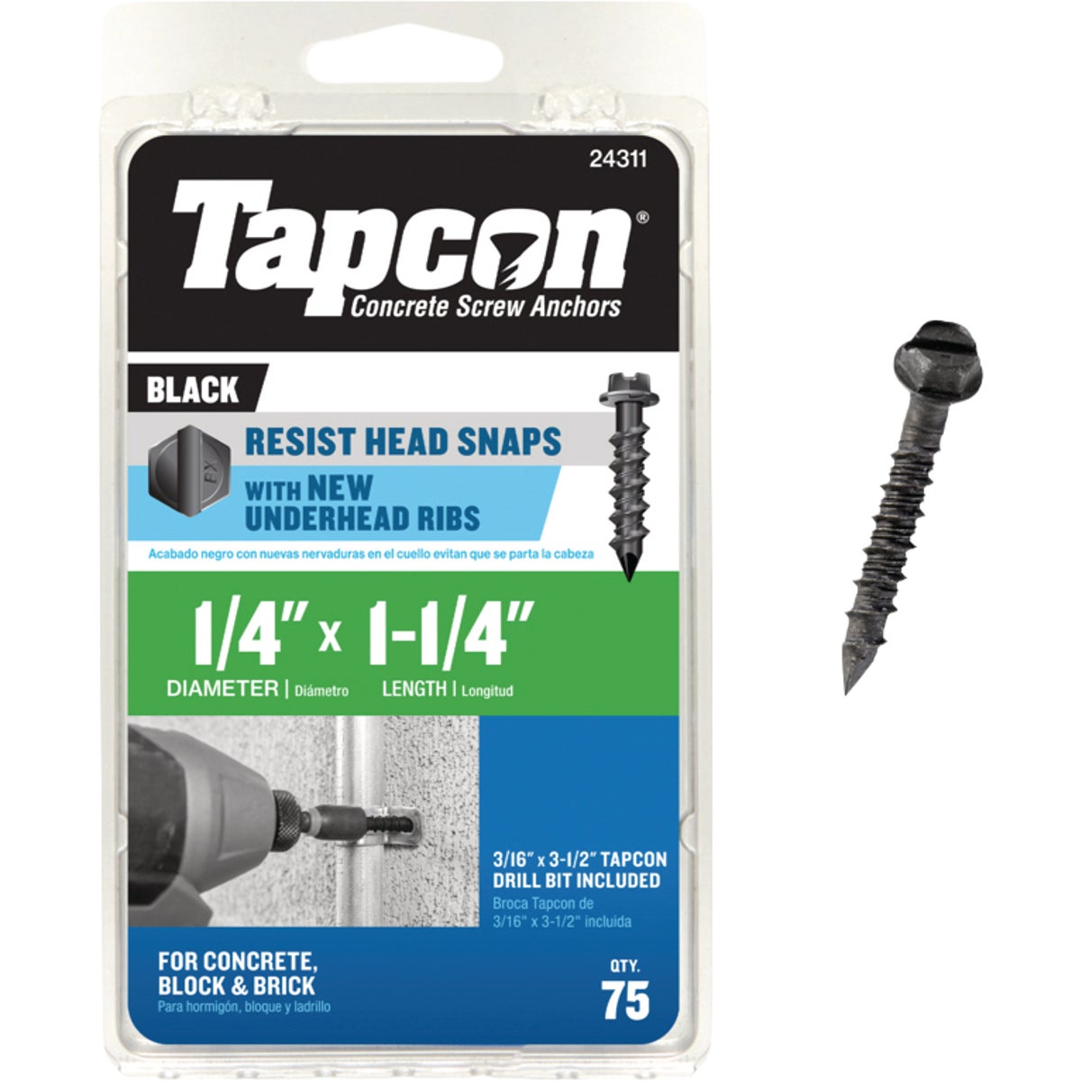 Tapcon 1/4 In. x 1-1/4 In. Hex Washer Head Black Concrete Screw (75-Count) Image 1
