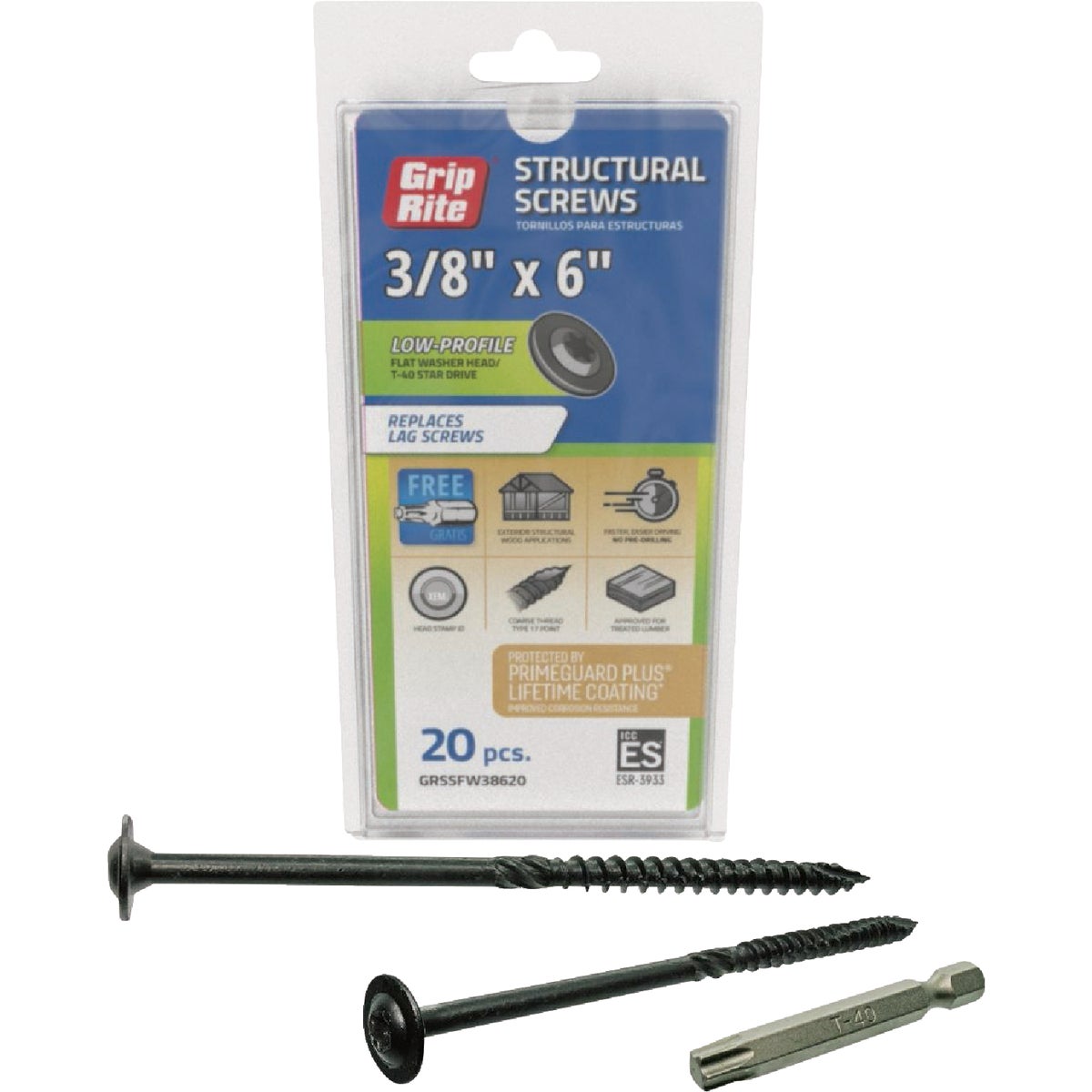 Grip-Rite PrimeGuard Plus 3/8 In. x 6 In. Flat Washer Head Structure Screw (20-Count) Image 1