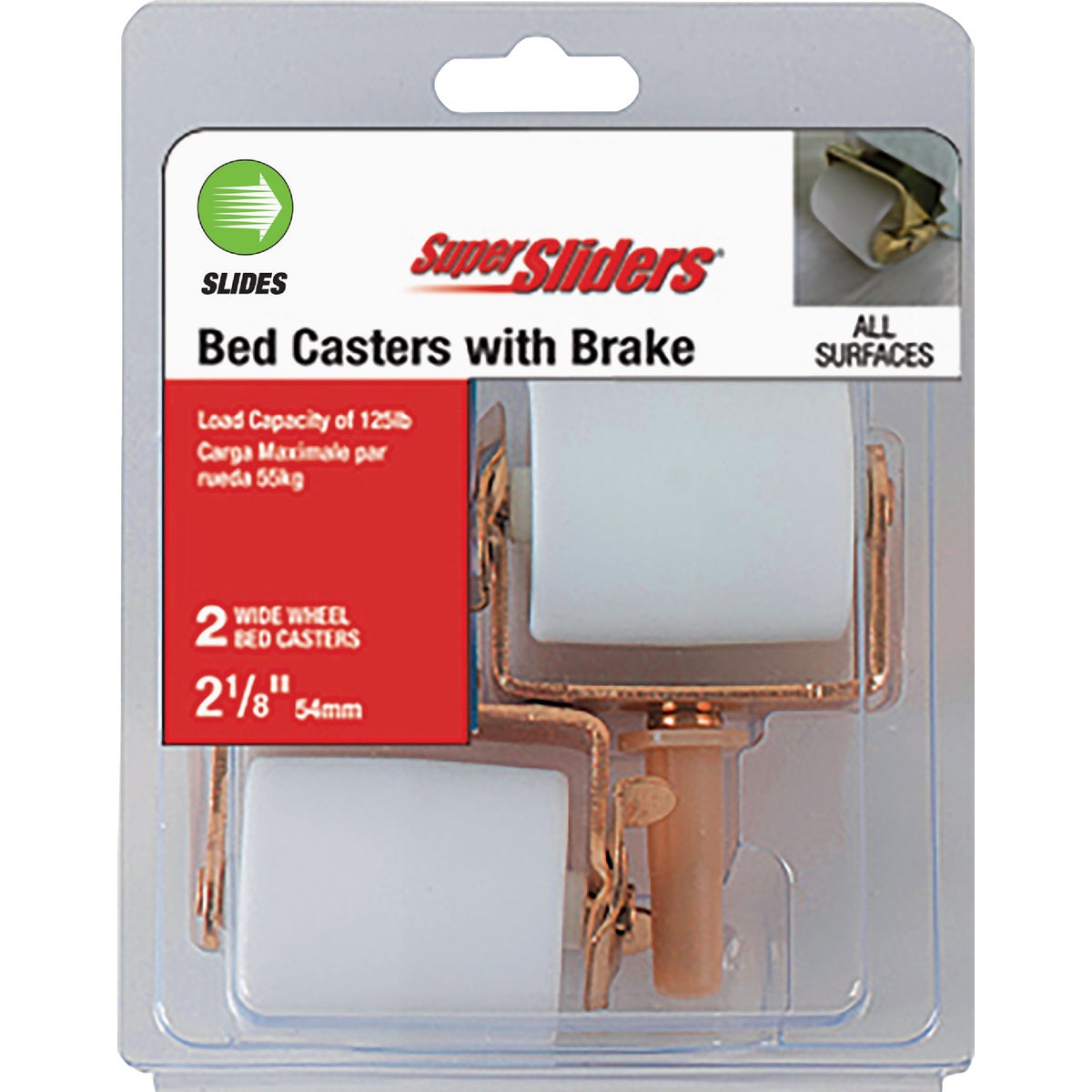 Super Sliders 2-1/8 In. White Bed Rollers with Brake (2-Pack)