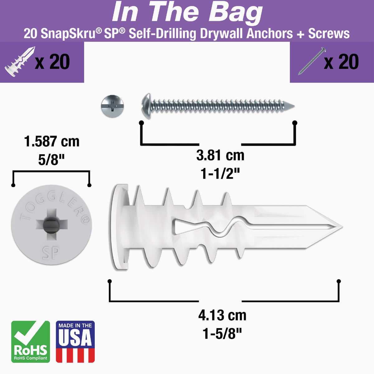 Toggler SnapSkru #8 x 1-1/2 In. 79 Lb. Nylon Self-Drilling Drywall Anchor (20-Count) Image 2