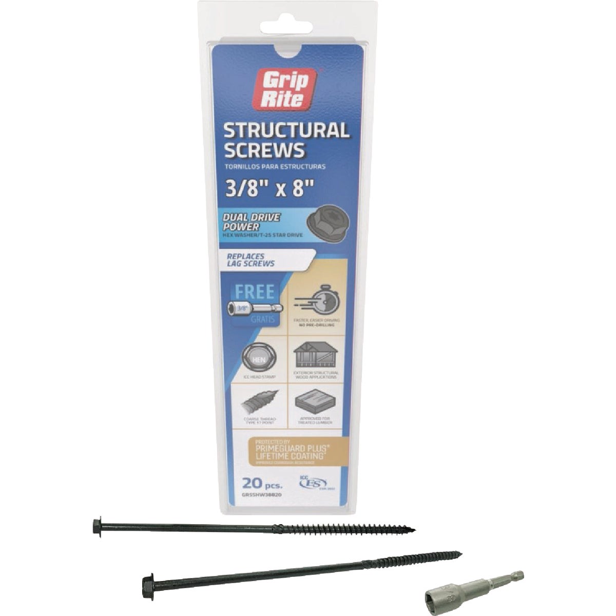 Grip-Rite PrimeGuard Plus 3/8 In. x 8 In. Hex Washer Head Structural Screw (20-Count)