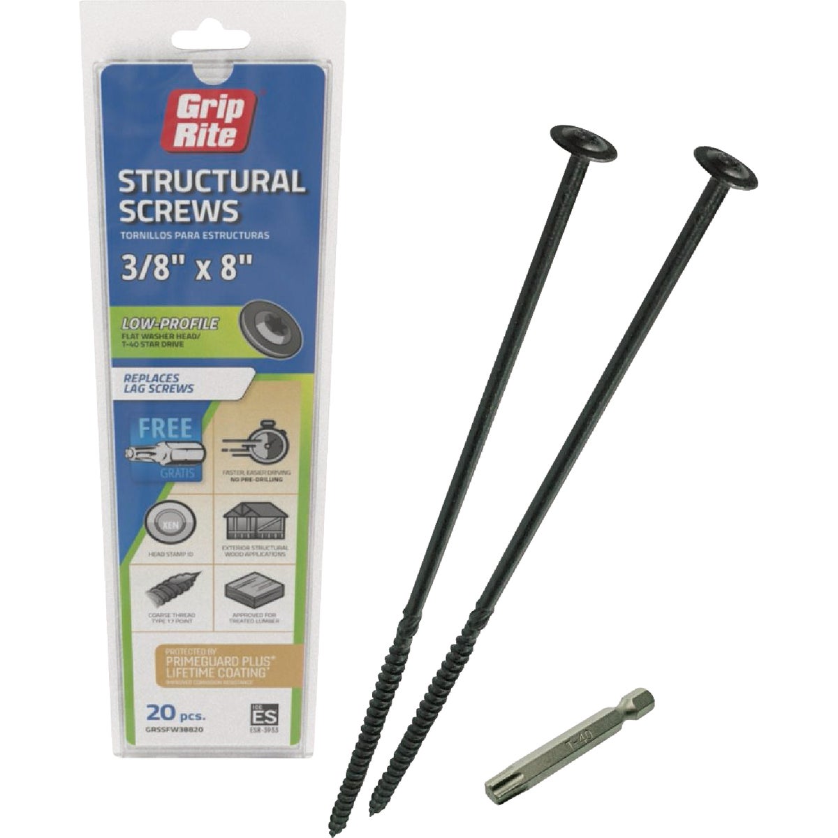 Grip-Rite PrimeGuard Plus 3/8 In. x 8 In. Flat Washer Head Structure Screw (20-Count) Image 1