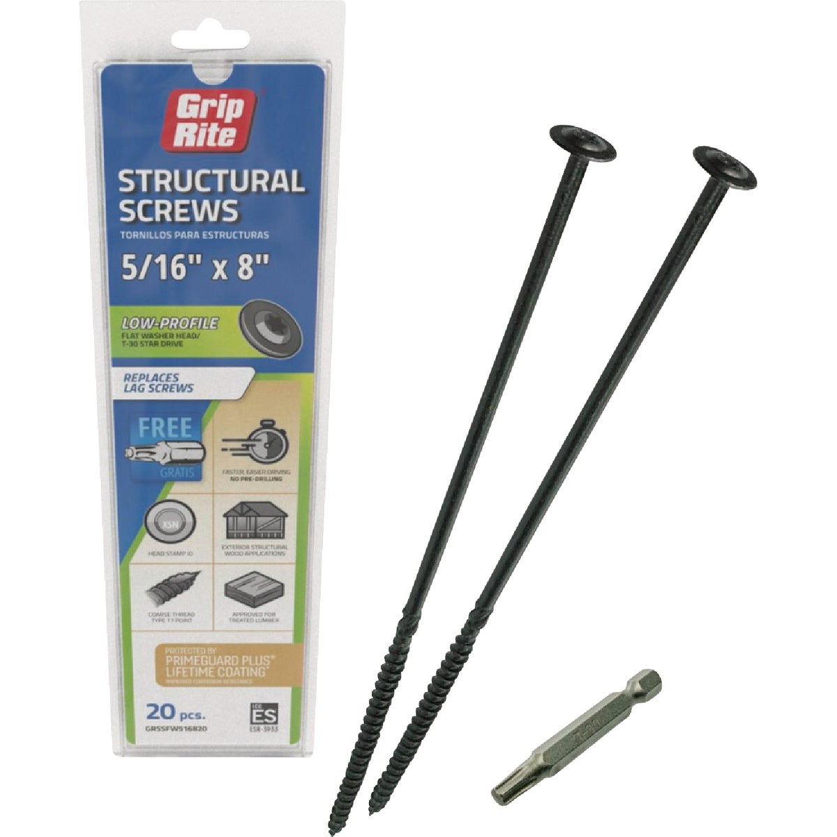 Grip-Rite PrimeGuard Plus 5/16 In. x 8 In. Flat Washer Head Structure Screw (20-Count) Image 1