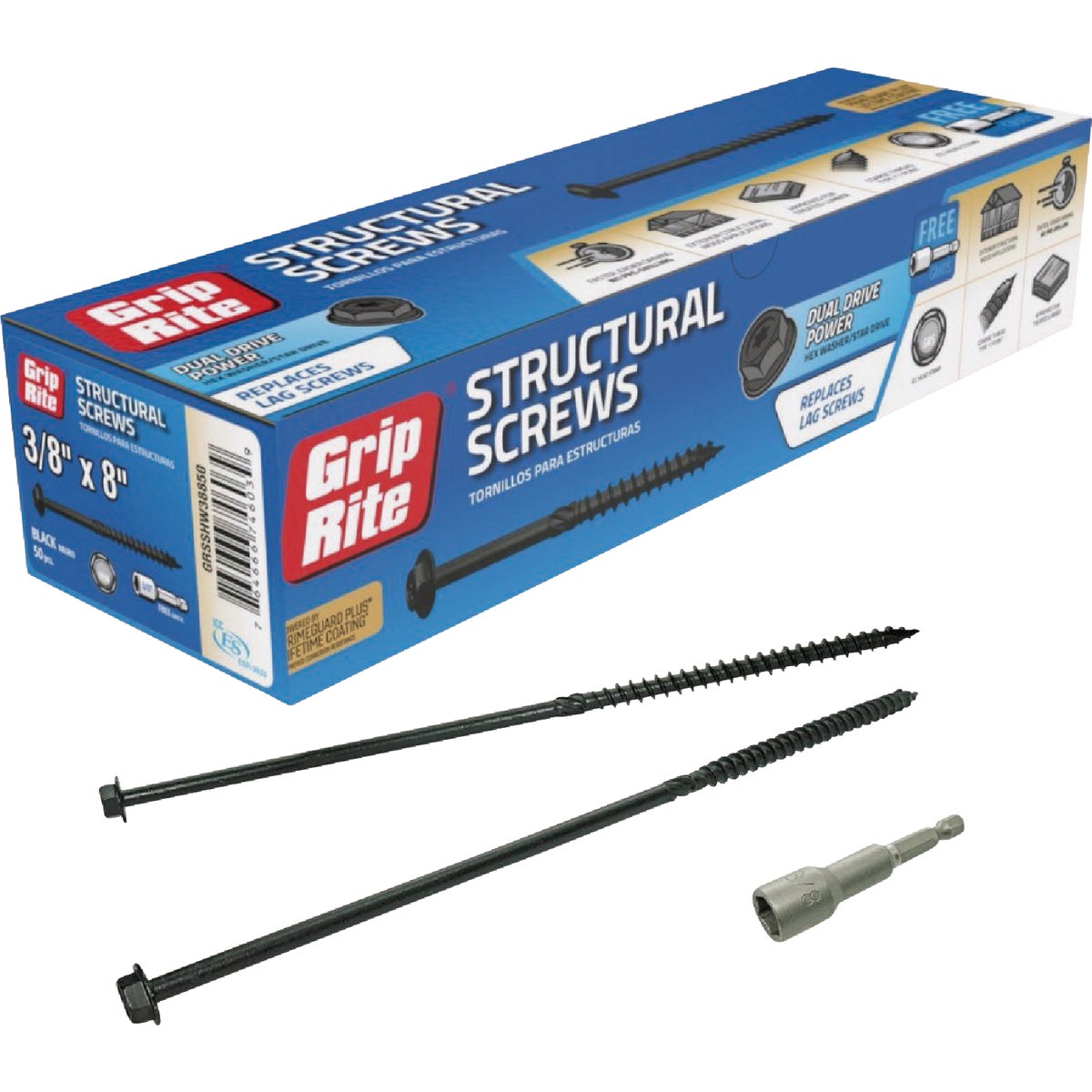 Grip-Rite PrimeGuard Plus 3/8 In. x 8 In. Hex Washer Head Structural Screw (50-Count)
