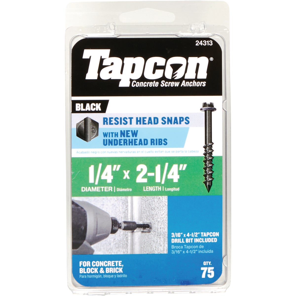 Tapcon 1/4 In. x 2-1/4 In. Hex Washer Head Black Concrete Screw (75-Count) Image 1
