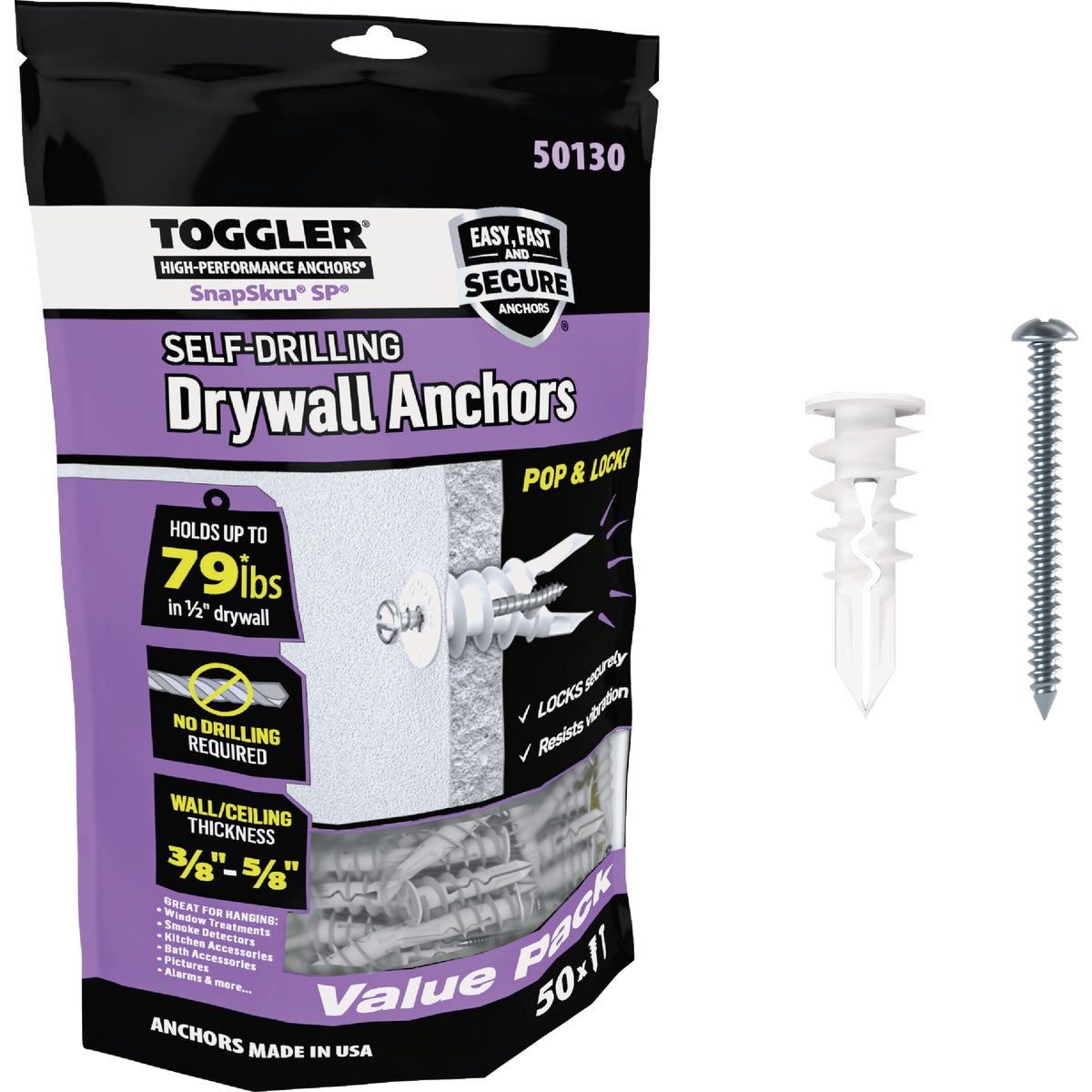 Toggler SnapSkru #8 x 1-1/2 In. 79 Lb. Nylon Self-Drilling Drywall Anchor (50-Count)
