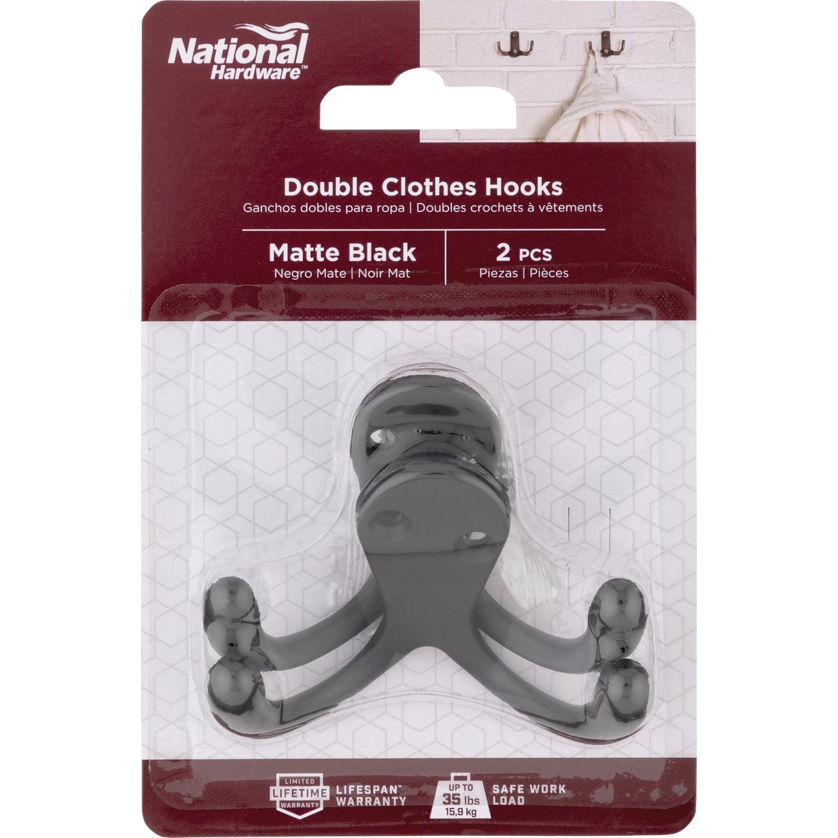 National Hardware Matte Black Double Clothes Hook (2-Pack) Image 2