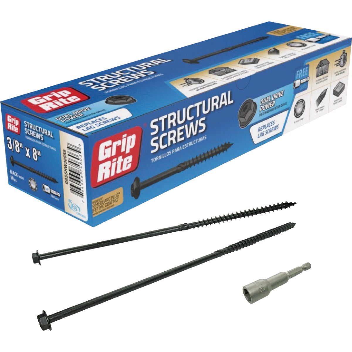 Grip-Rite PrimeGuard Plus 3/8 In. x 10 In. Hex Washer Head Structural Screw (50-Count)