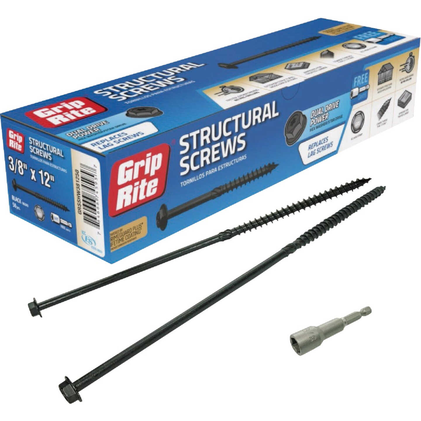 Grip-Rite PrimeGuard Plus 3/8 In. x 12 In. Hex Washer Head Structural Screw (50-Count) Image 1