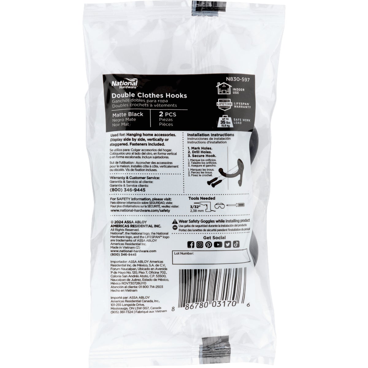National Hardware Matte Black Double Clothes Hook (2-Pack Bagged) Image 2