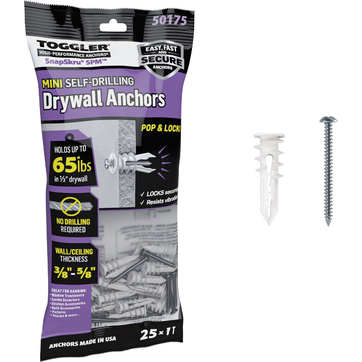 Toggler SnapSkru #6 x 1-1/4 In. 65 Lb. Nylon Self-Drilling Mini Drywall Anchor (25-Count)