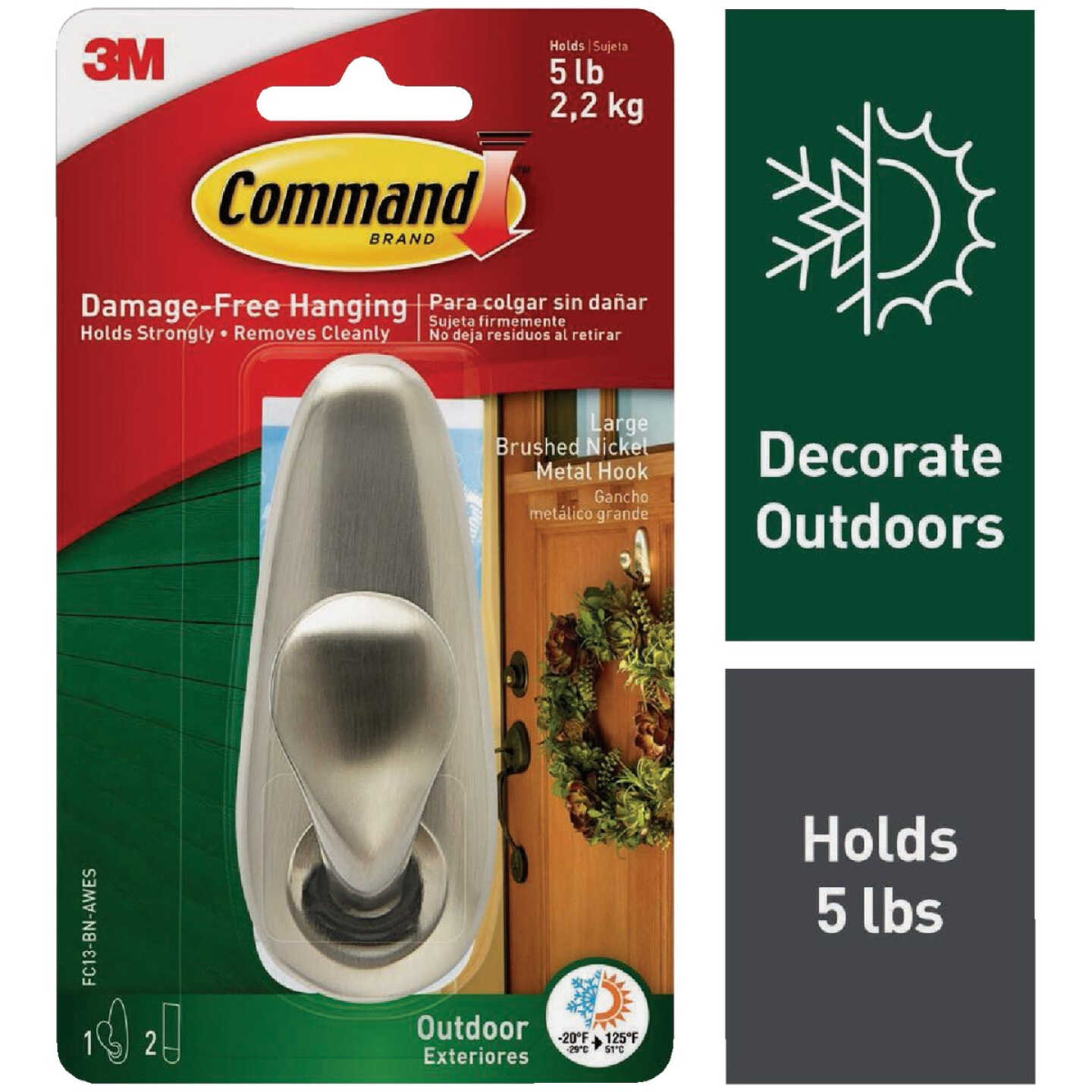 Command Outdoor Forever Classic Large Metal Hook, Brushed Nickel, 1 Hook, 2 Strips Image 1