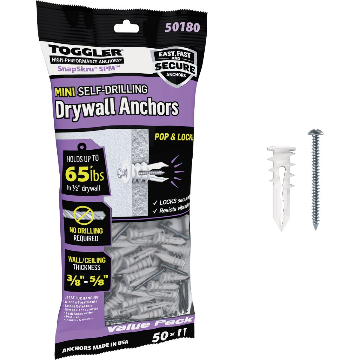 Toggler SnapSkru #6 x 1-1/4 In. 65 Lb. Nylon Self-Drilling Mini Drywall Anchor (50-Count)