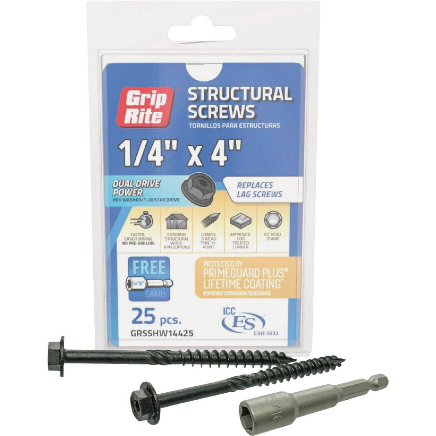 Grip-Rite PrimeGuard Plus 1/4 In. x 4 In. Hex Washer Head Structural Screw (25-Count) Image 1
