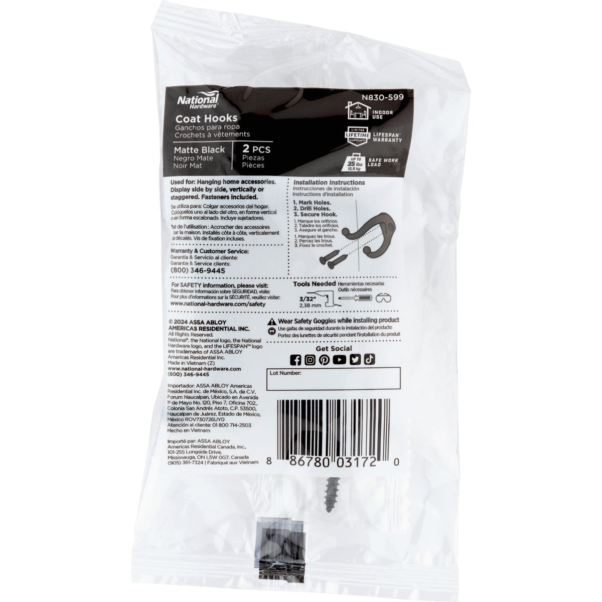 National Hardware Matte Black Coat Hook (2-Pack Bagged) Image 2