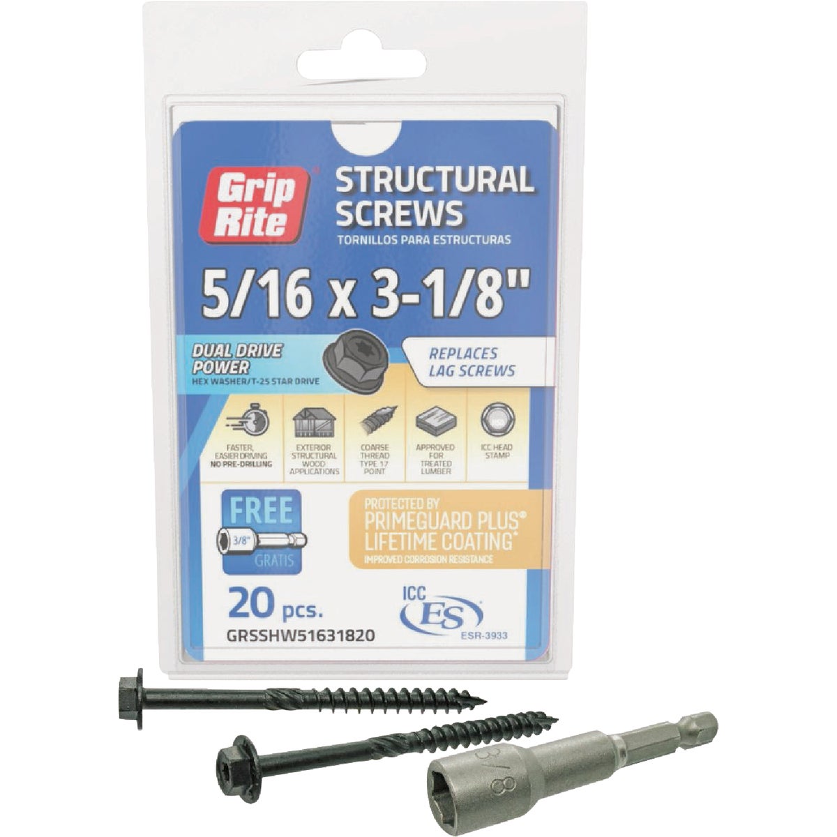 Grip-Rite PrimeGuard Plus 5/16 In. x 3-1/8 In. Hex Washer Head Structural Screw (20-Count)