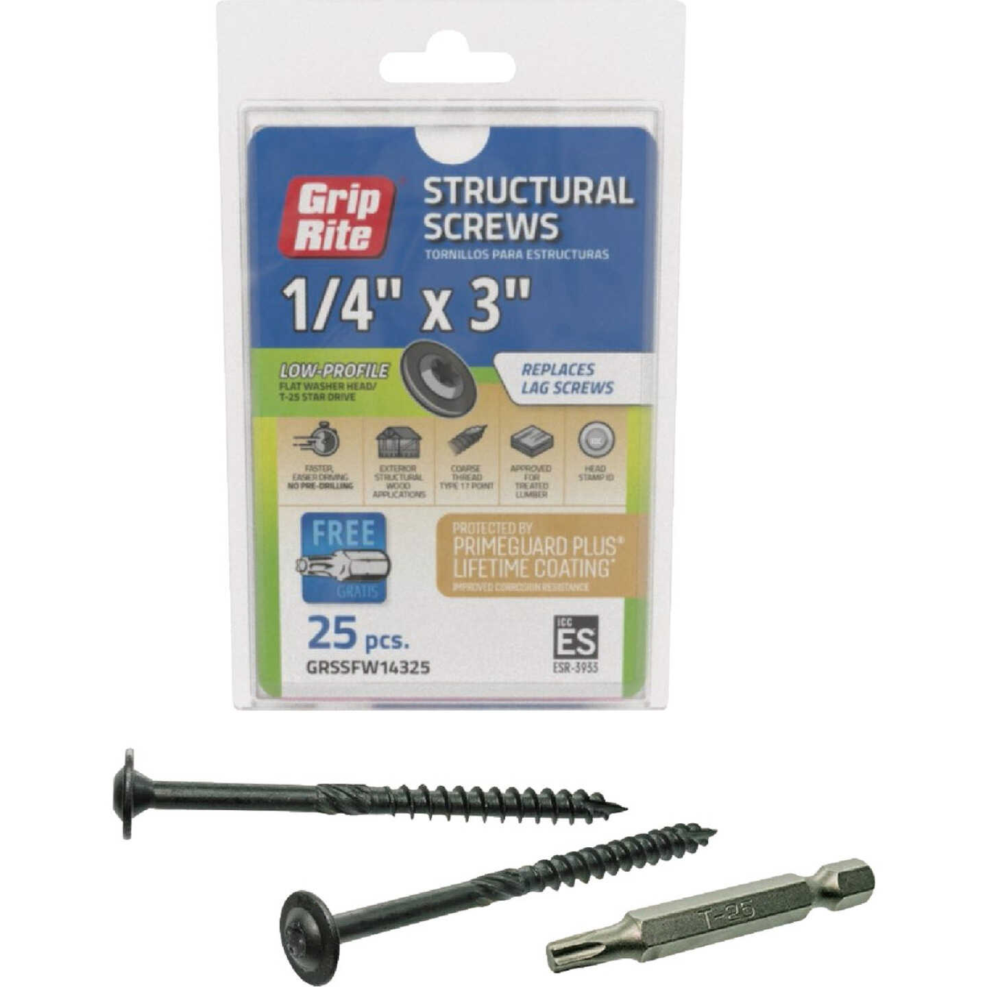 Grip-Rite PrimeGuard Plus 1/4 In. x 3 In. Flat Washer Head Structure Screw (25-Count) Image 1
