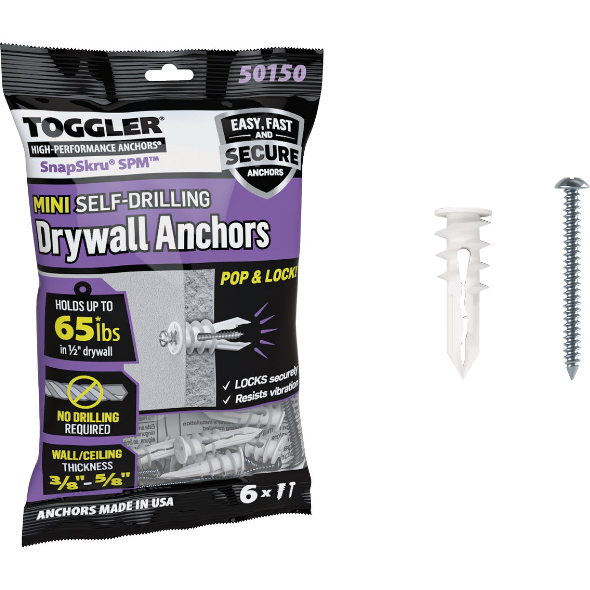 Toggler SnapSkru #6 x 1-1/4 In. 65 Lb. Nylon Self-Drilling Mini Drywall Anchor (65-Count)