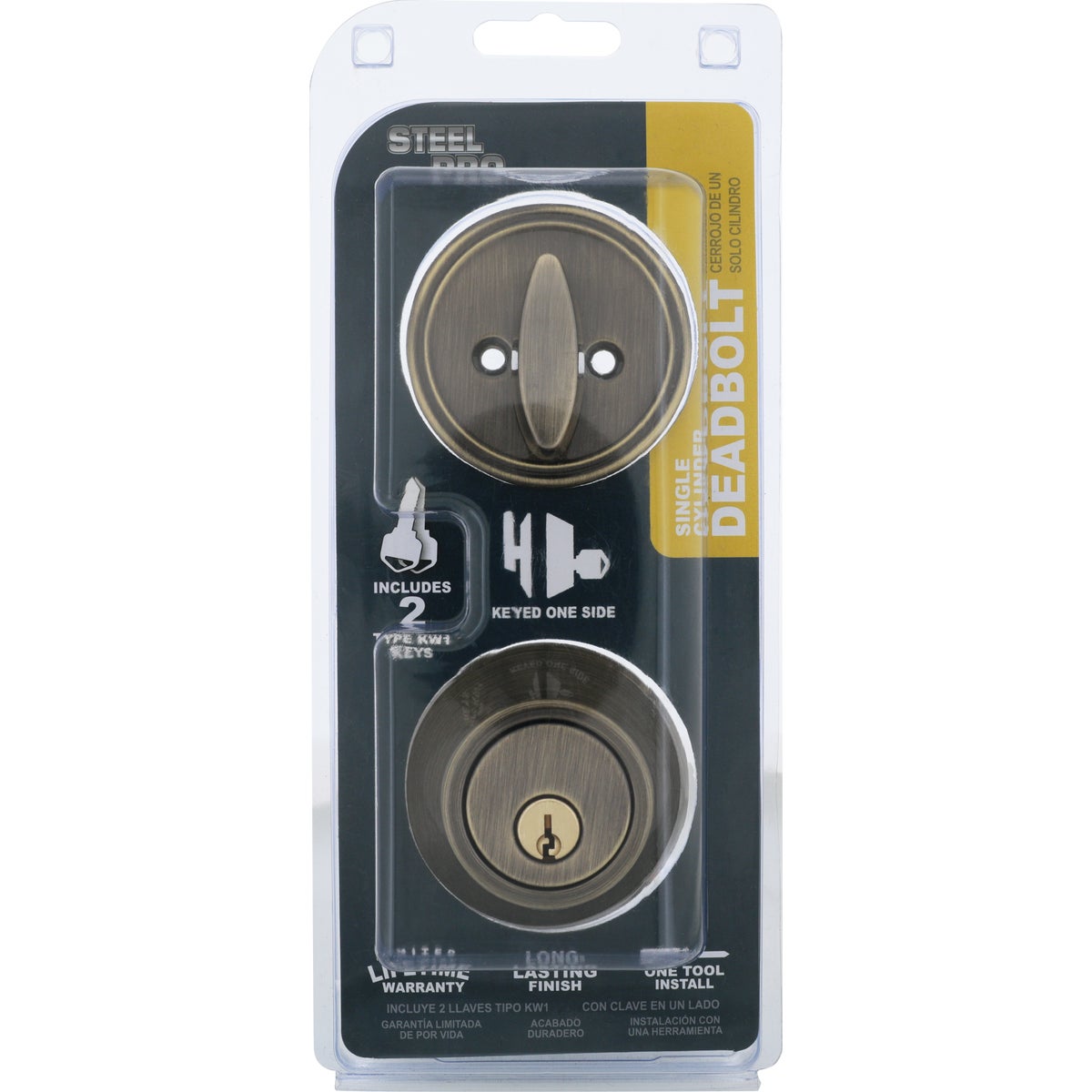 Steel Pro Antique Brass Single Cylinder Deadbolt Image 2