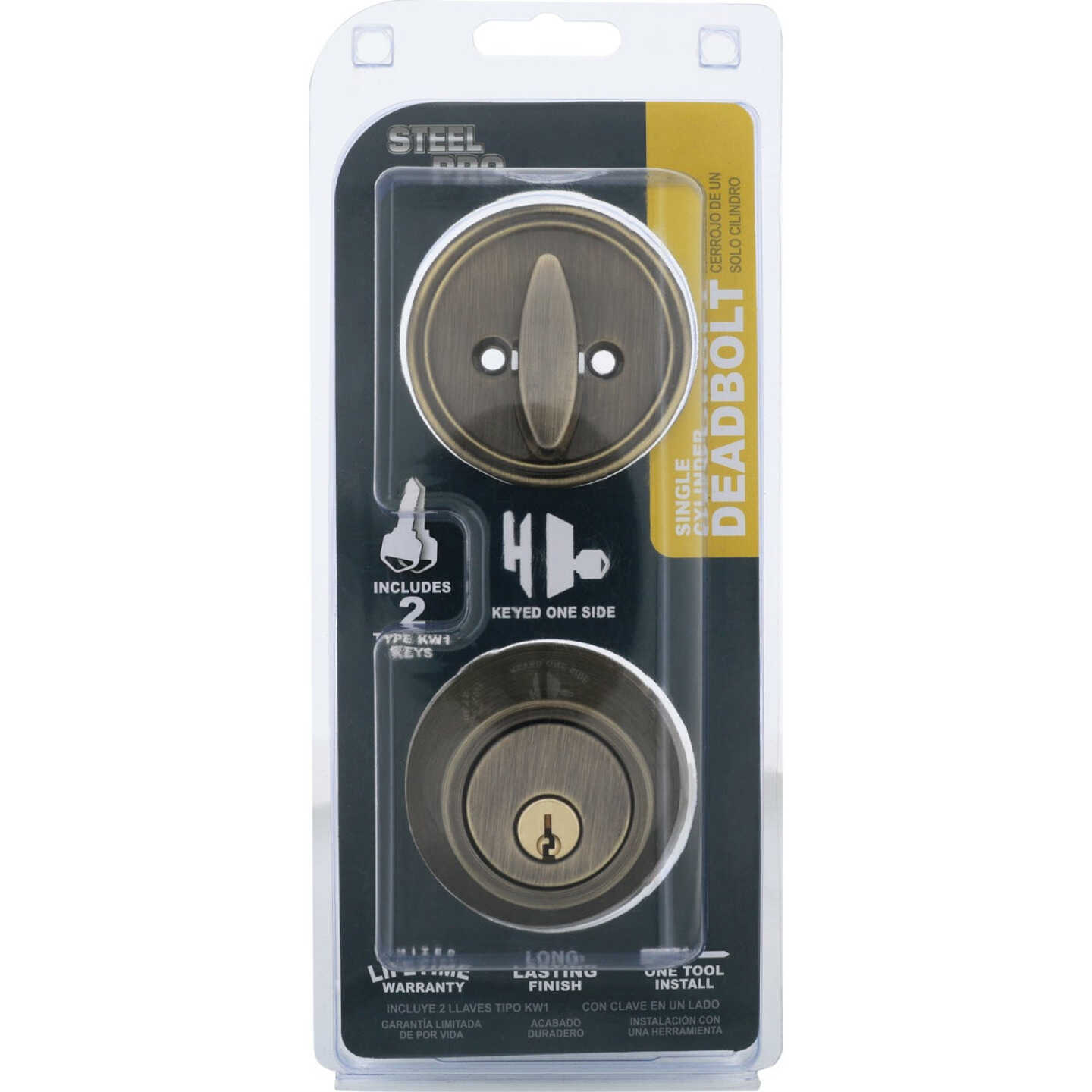 Steel Pro Antique Brass Single Cylinder Deadbolt Image 2
