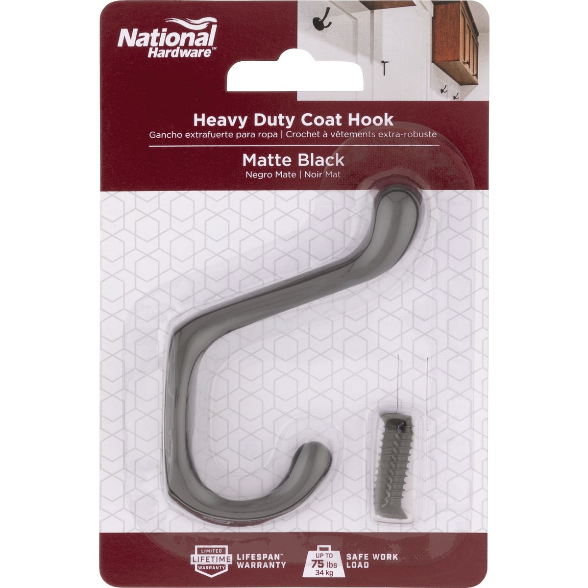 National Hardware Matte Black Heavy Duty Coat Hook Image 2