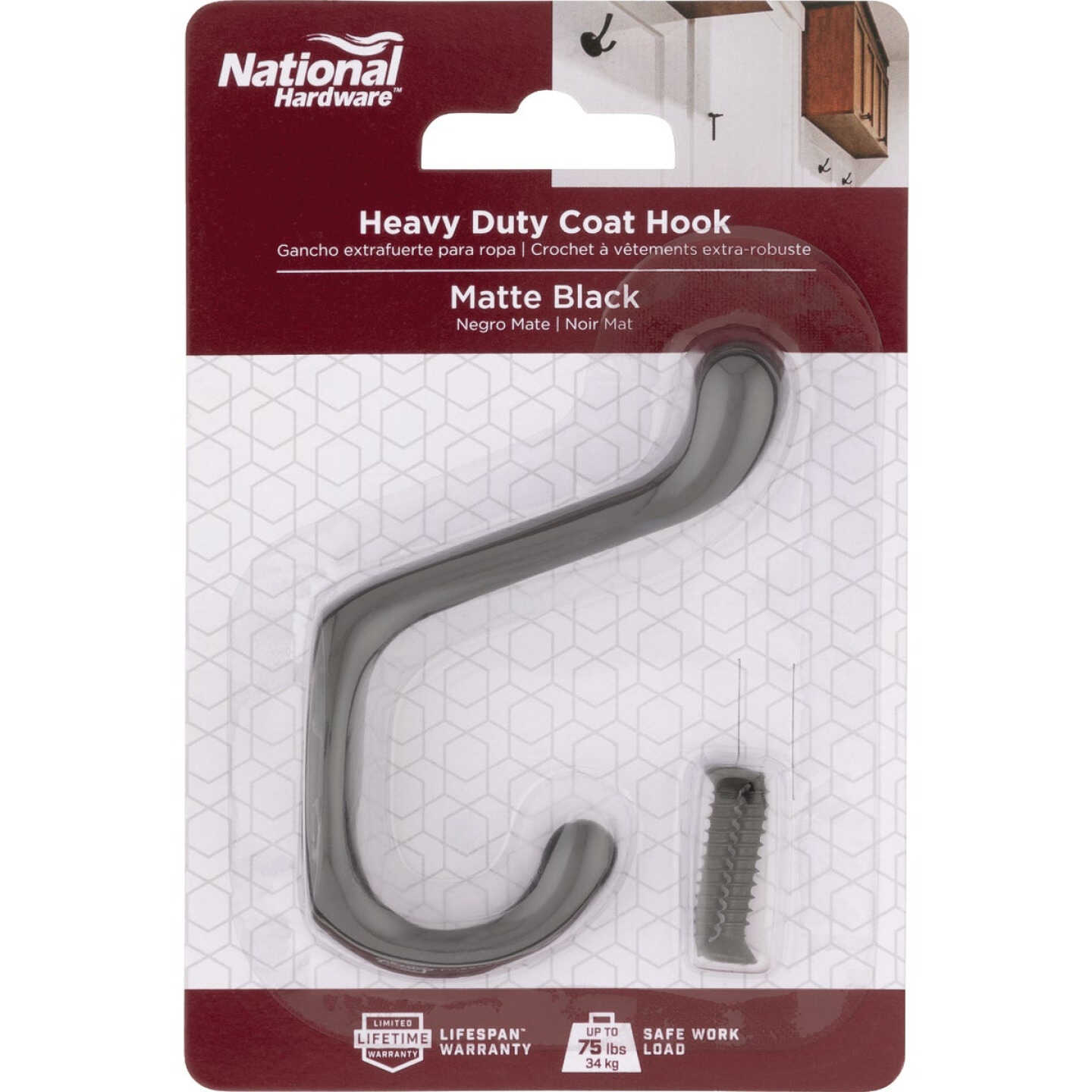 National Hardware Matte Black Heavy Duty Coat Hook Image 2