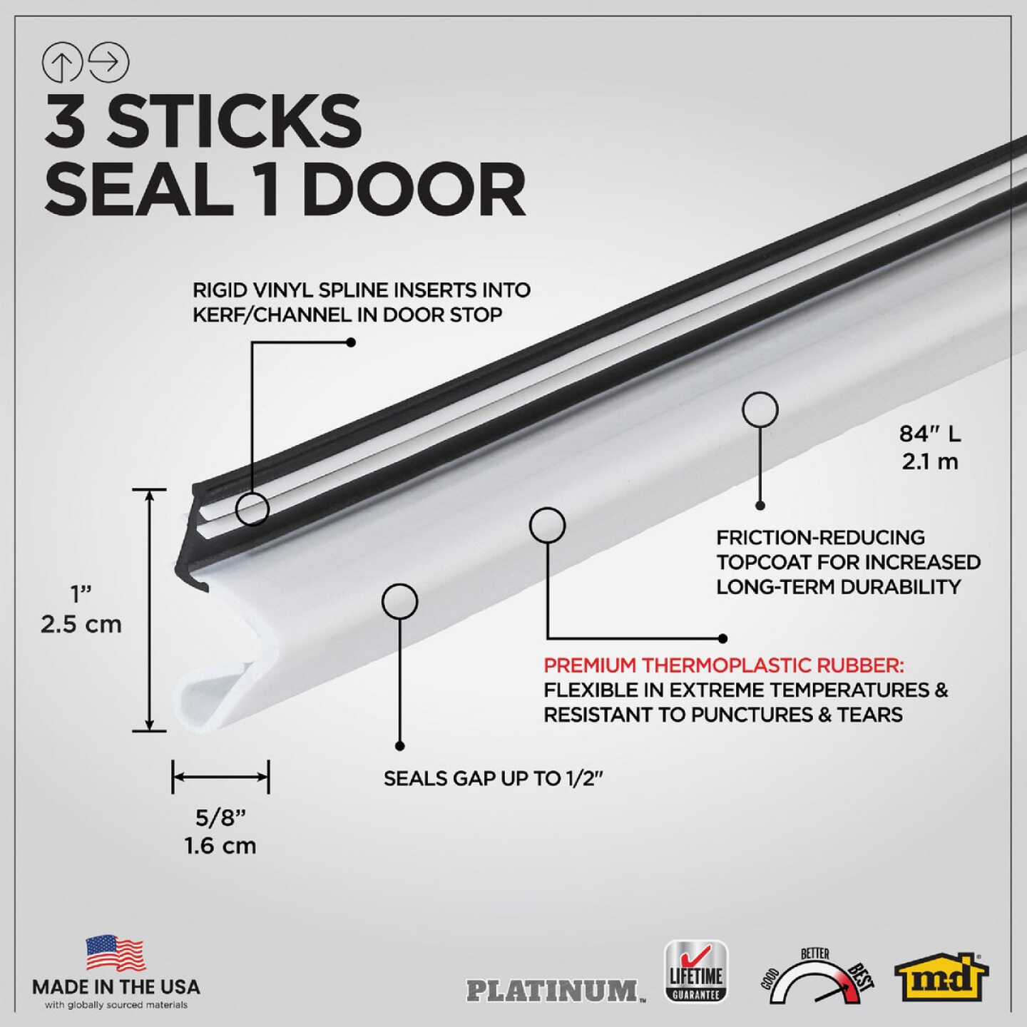 M-D Building Products 84 In. Premium Rubber PLATINUM Top and Sides Door Seal for Doors with Kerf/Channel, White Image 2
