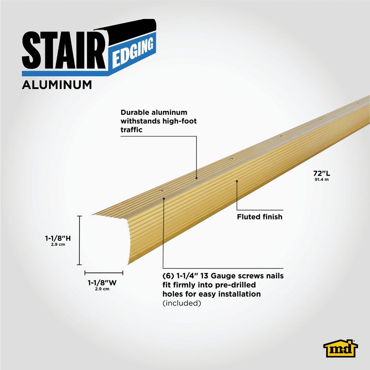 M-D Building Products 1-1/8 In. X 1-1/8 In. X 72 In. Satin Brass Aluminum Stair Edging with Screw Nails Image 2