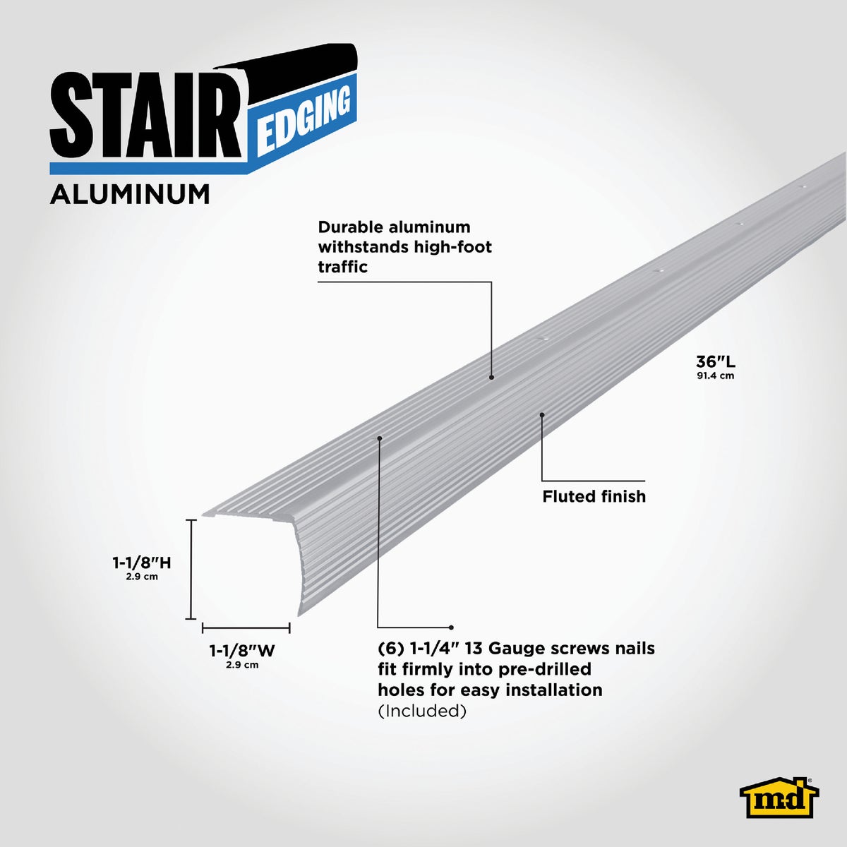 M-D Building Products 1-1/8 In. X 1-1/8 In. X 36 In. Silver Aluminum Stair Edging with Screw Nails Image 2