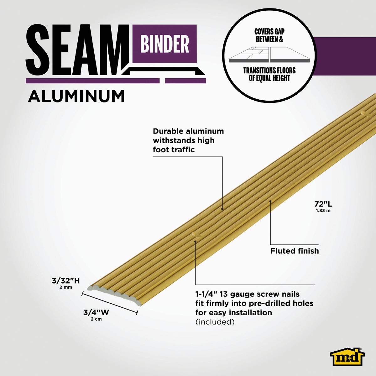 M-D Building Products 3/4 In. x 72 In. Satin Brass Aluminum Seam Binder with Screw Nails Image 2