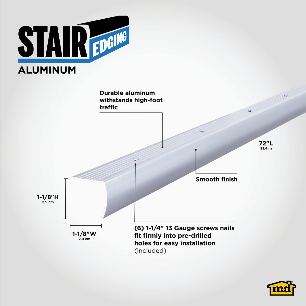 M-D Building Products 1-1/8 In. X 1-1/8 In. X 72 In. Polished Aluminum Stair Edging with Screw Nails Image 2