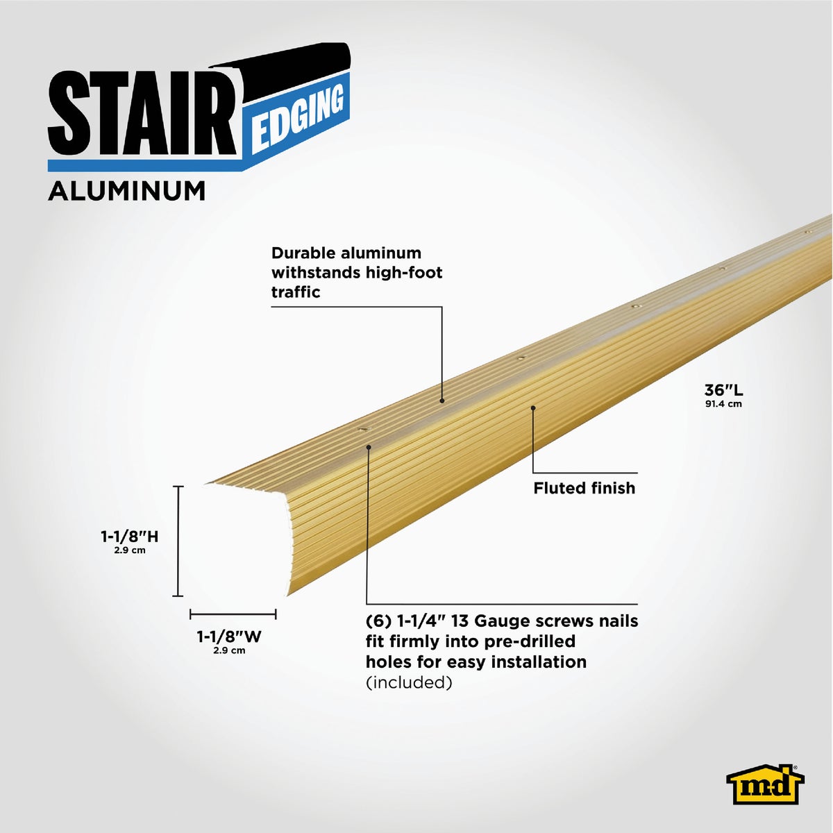 M-D Building Products 1-1/8 In. X 1-1/8 In. X 36 In. Satin Brass Aluminum Stair Edging with Screw Nails Image 2