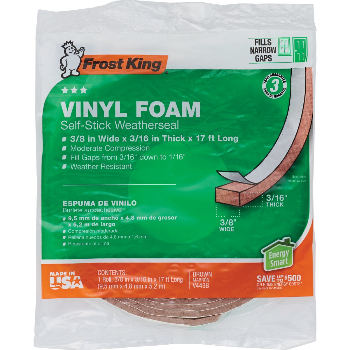 Frost King 3/8 In. W x 3/16 In. T x 17 Ft. L Brown Vinyl Foam Weatherstrip Tape Image 2