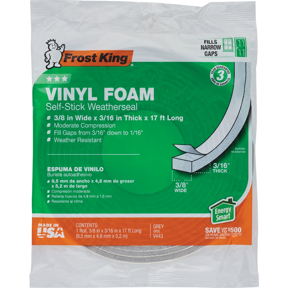 Frost King 3/8 In. Wide x 3/16 In. Thick x 17 Ft. Long Grey Vinyl Foam Weatherstrip Tape Image 2