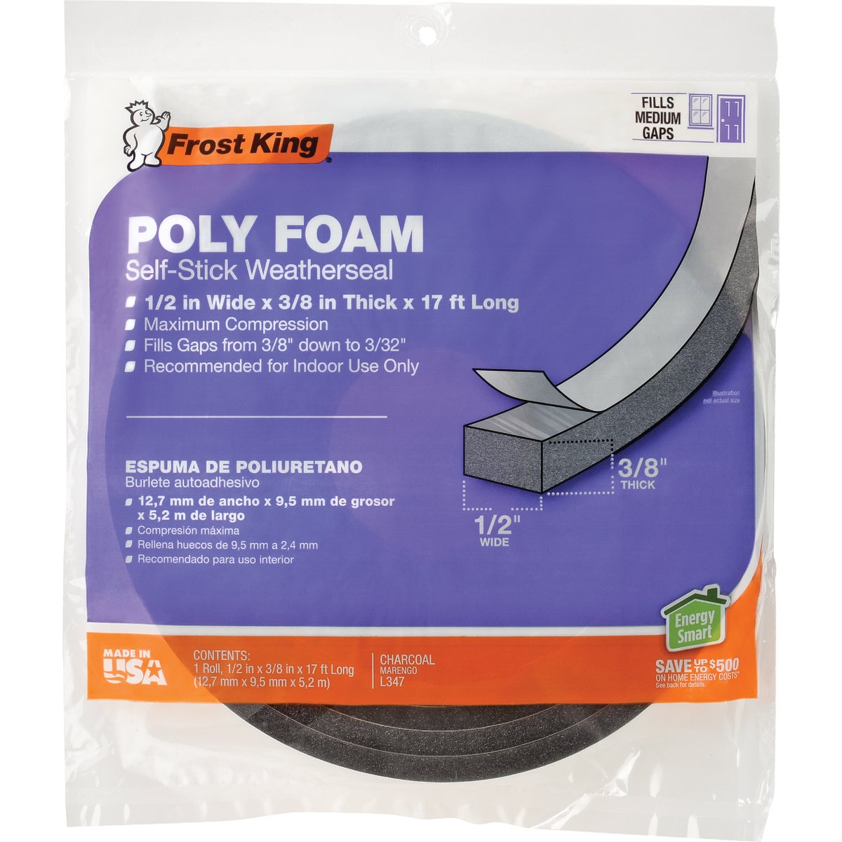 Frost King 1/2 In. Wide x 3/8 In. Thick x 17 Ft. Long Charcoal Poly Foam Weatherstrip Tape